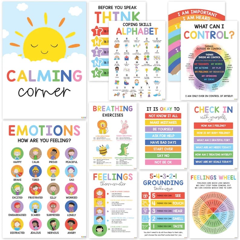 ⏰LAST DAY SALE 50% OFF💥12 Pcs Calming Corner Posters – Emotions Chart & Feelings Wheel