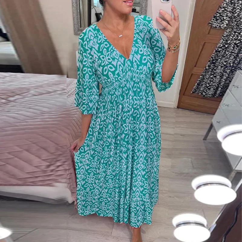 🔥Letzter Tag 49% Rabatt👗Bedrucktes Kleid mit V-Ausschnitt und weiten Ärmeln