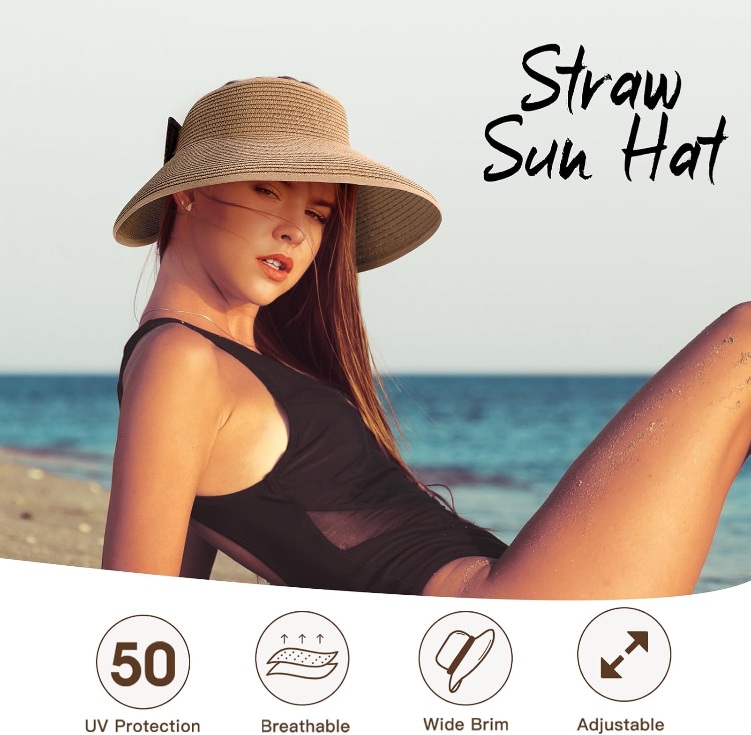 Beach Hat for Women, Wide Brim Sun Straw Hat for Women, Sun Hat Womens UPF 50+ UV Protection, Floppy Foldable Summer Hat