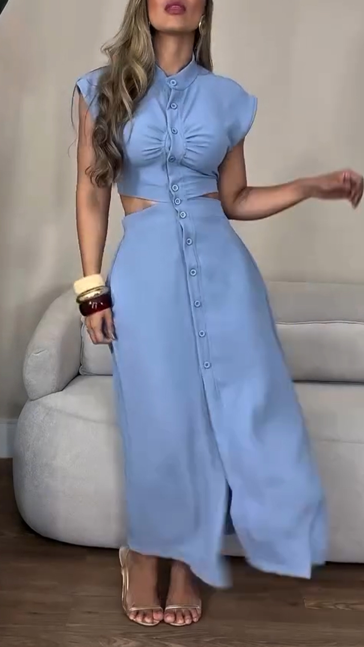 Women's Round Neck Buttoned Hollow Waist Casual Dress