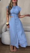 Women's Round Neck Buttoned Hollow Waist Casual Dress