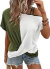 Dokotoo T Shirts for Women Twist Knot Color Block Loose Fit Cold Shoulder Tops for Women Fashion 2024