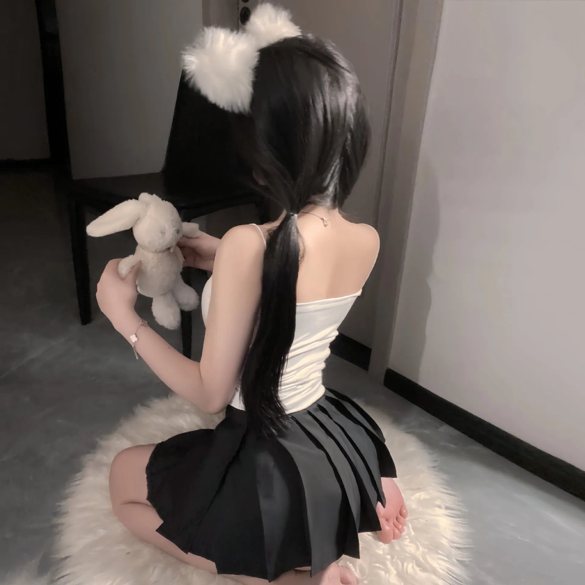 Cute Cat Ear Crop Top & Pleated Skirt Set - Playful Cartoon Print Outfit  PPF0335