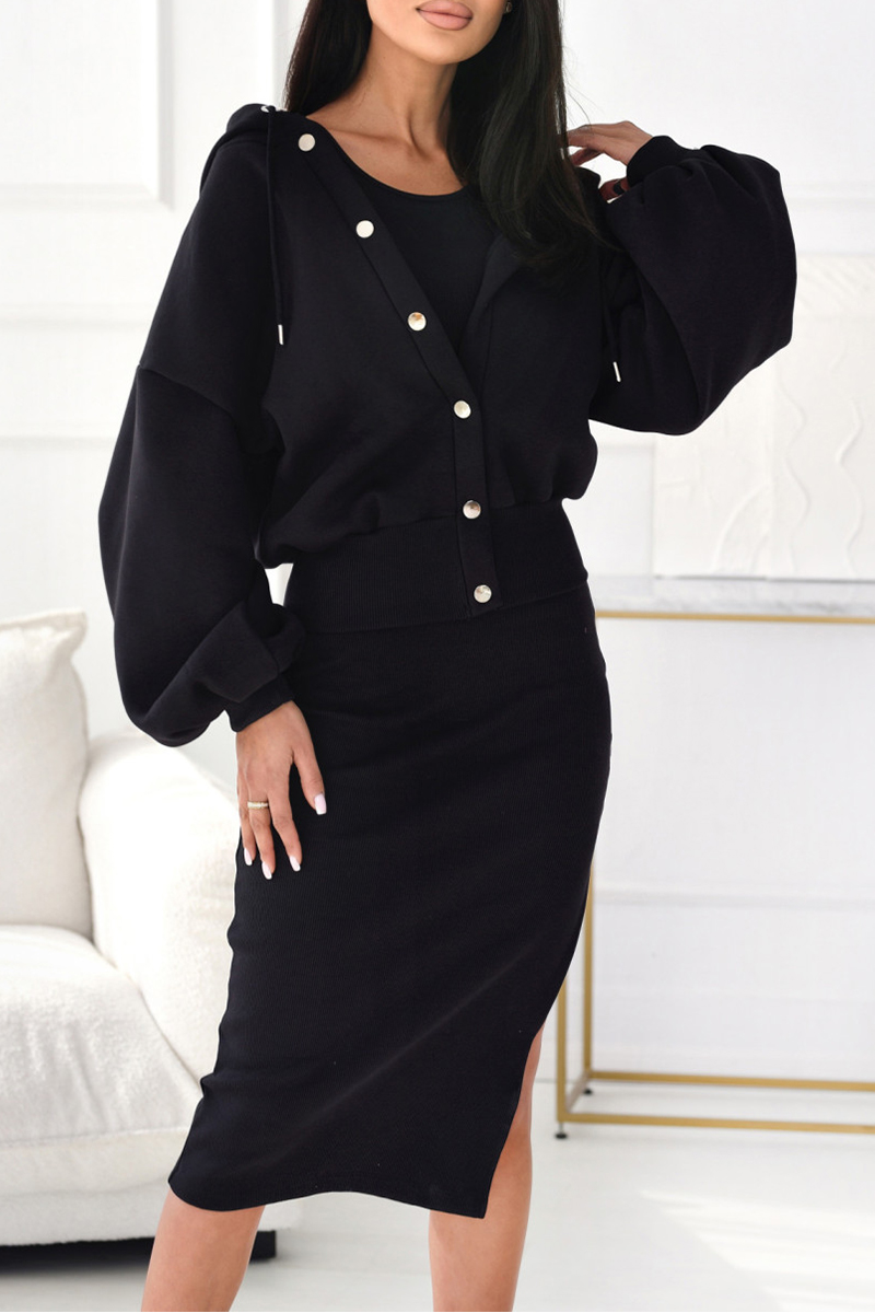 Women's Hooded Button Cardigan Sweatshirt + Side Slit Dress Set