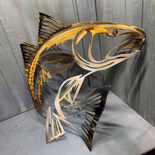 Metal Bass Fish with Hooks Plasma Cut Sign Art Fishing Art Gone Fishing