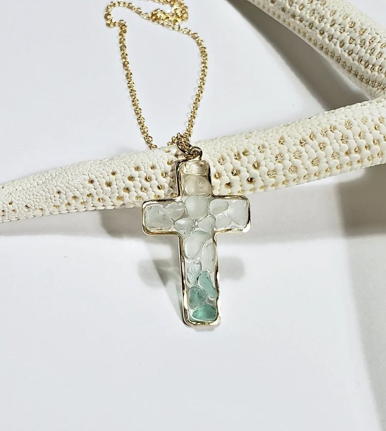 ✝️Handmade  Sea Glass 925™Silver Cross Necklace🌊