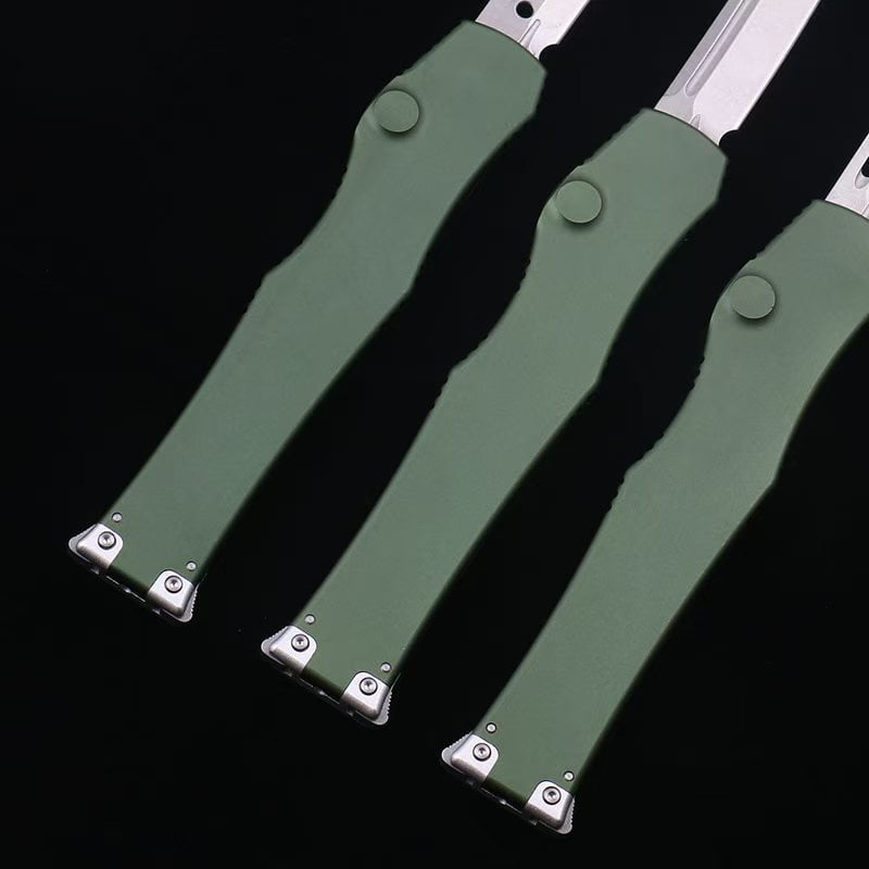 OTF micro-tech green handle Halo 6 lever straight jump knife