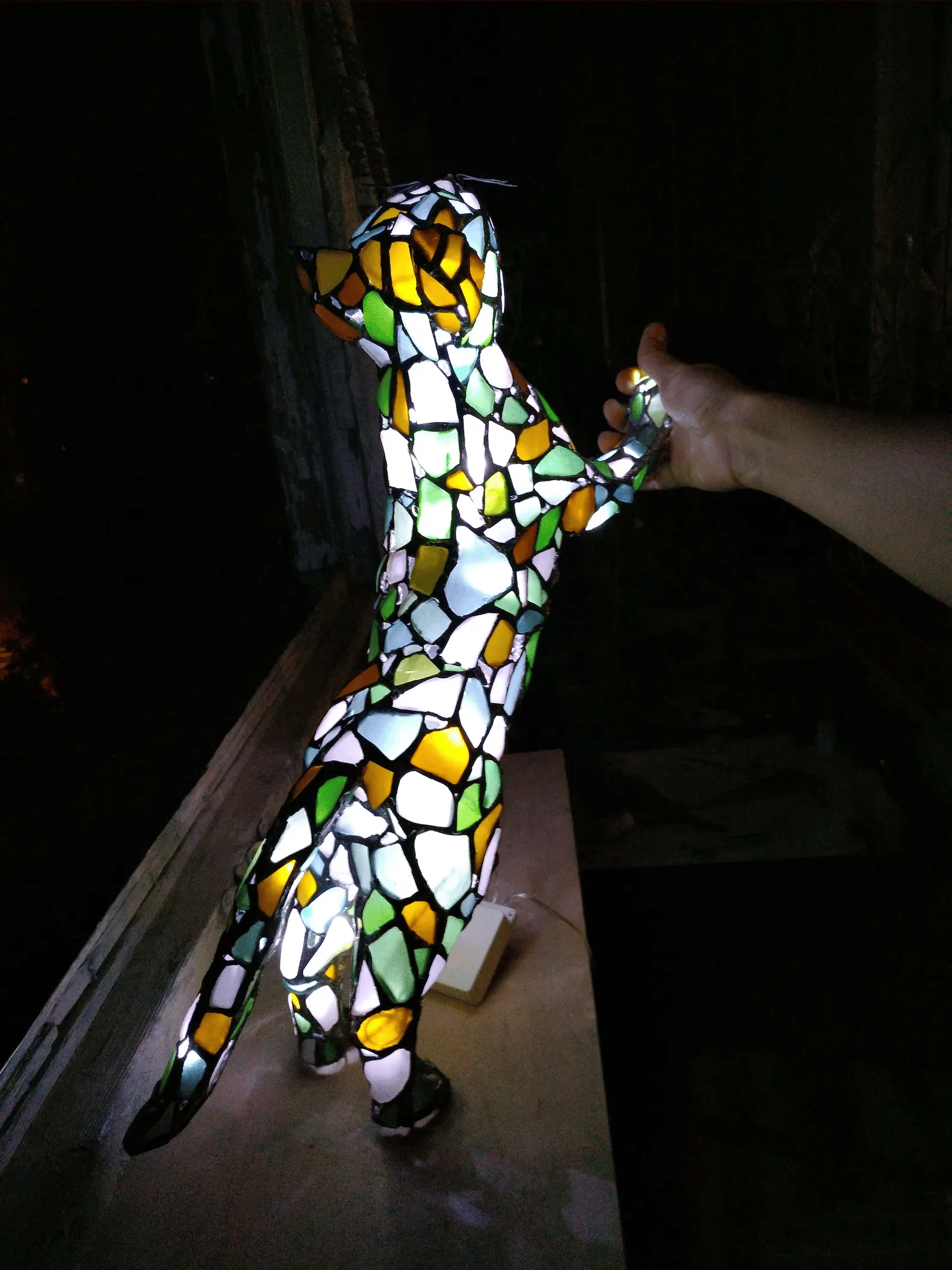 Handmade Climbing Cat Sea Stained Glass Lamp Art