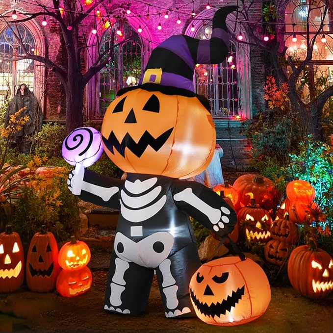 🔥Last Day Promotion - 60% OFF🎁6 FT Outdoor Halloween Inflatables Pumpkin with Skull Body & LED Lights