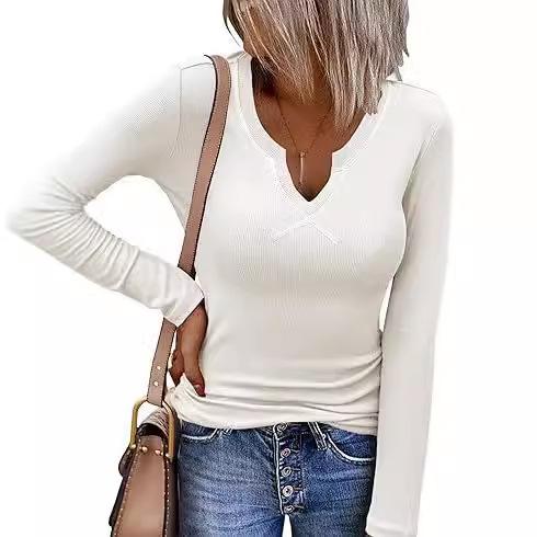 Deep U-neck Cross-neck Long-sleeved T-shirt Top