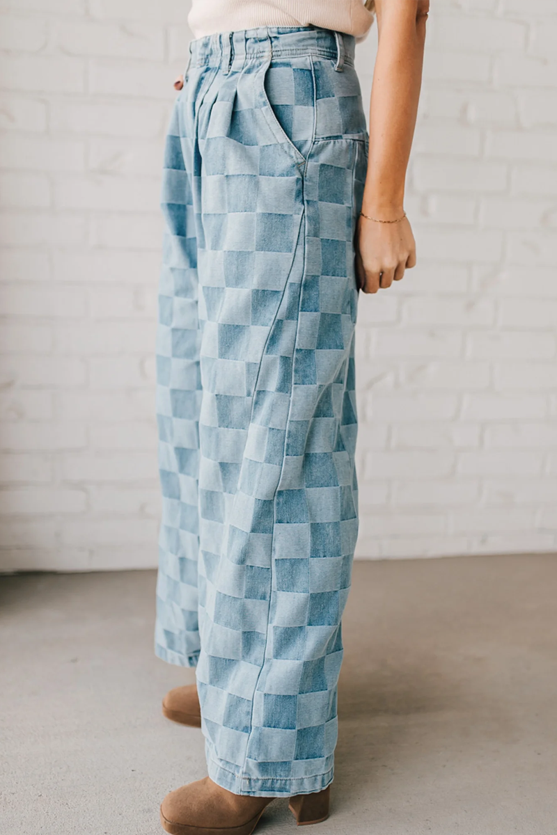 Women's Fashion High Rise Plaid Wide Leg Jeans