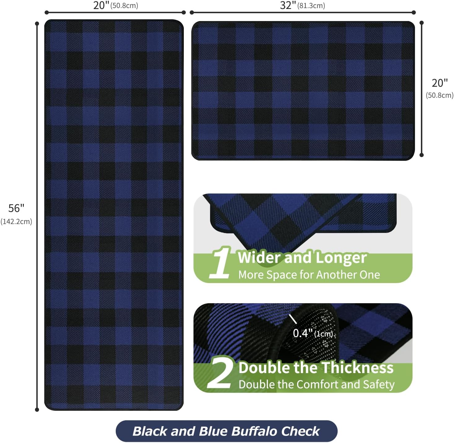 Buffalo Check Plaid Kitchen Rug Set - 2PCS (17x47 & 17x29), Farmhouse Style, Non-Printed Woven Surface, Non-Slip, Machine Washable, Black & White