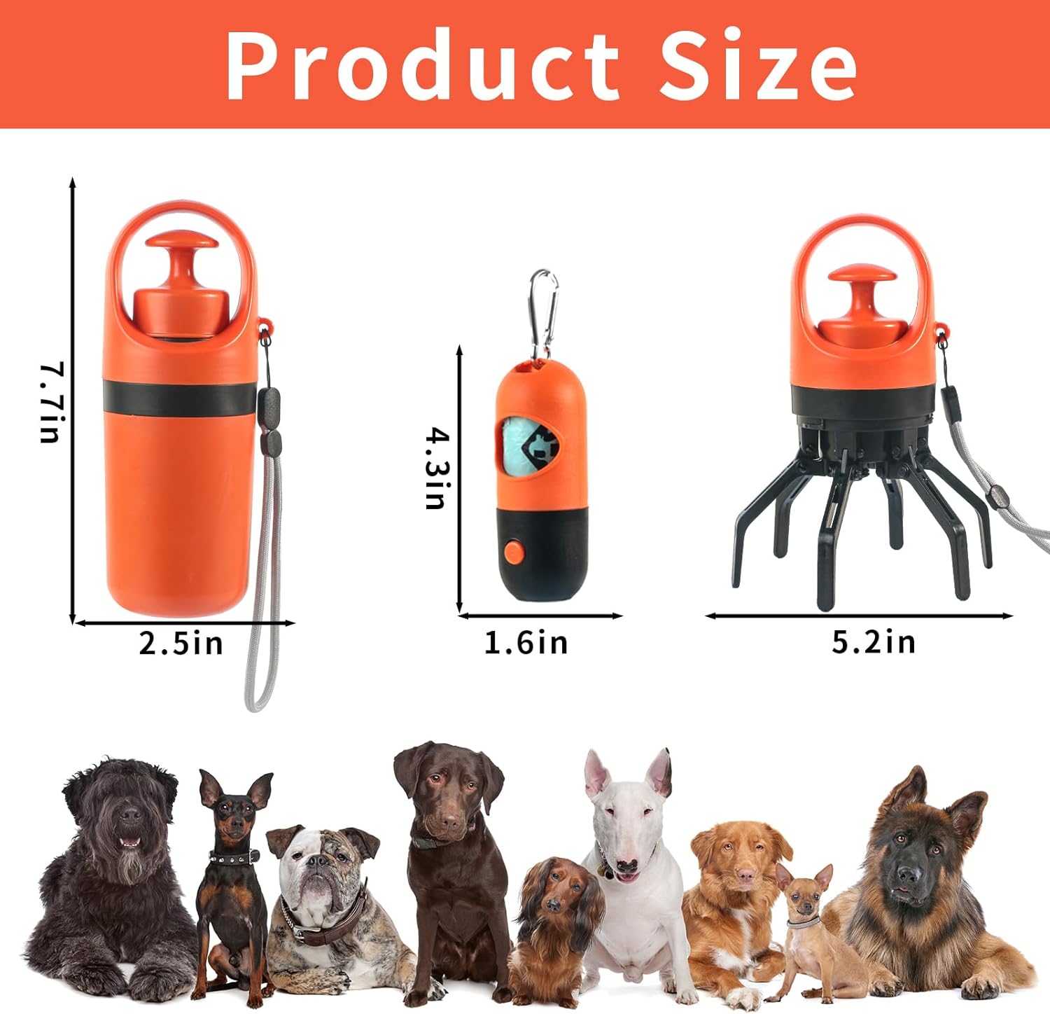 6 Pcs Portable Dog Poop Scooper Set with Holder & Claw Clip, Pooper Bag Dispenser with LED Flashlight, Leash Attachable, Dog Walker Waste Picker for Small Medium Large Dogs, 90 Bags Include