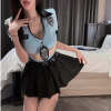 Blue Police Officer Role Play Costume Set - Badge Detail Top & Pleated Skirt with Fishnet Stockings PPF0358