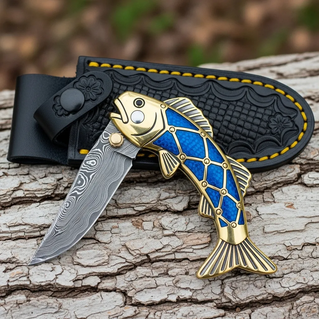 Exquisite Fish-Shaped Damascus Folding Knife