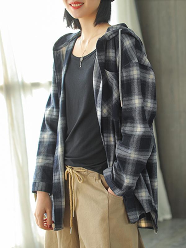 Letha Hooded Vintage Contrasting Plaid Print Single-breasted Baggy Cotton Shirt