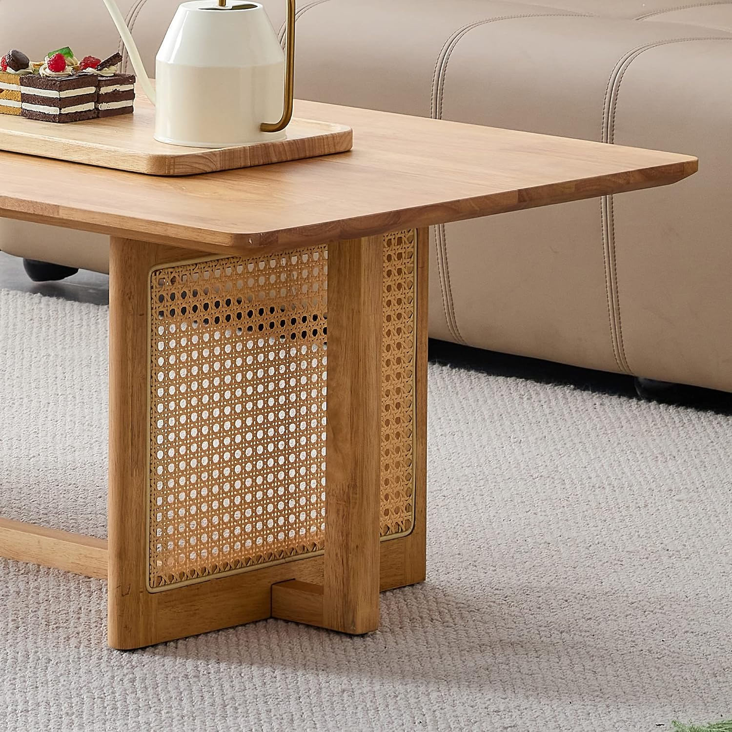 Mid Century Modern Coffee Table with Storage, 41.3 Inch Rectangle Wooden Accent Center Tables with Sliding PE Rattan Woven Door Panel and Solid Wood Legs, Suitable for Living Room, Apartment