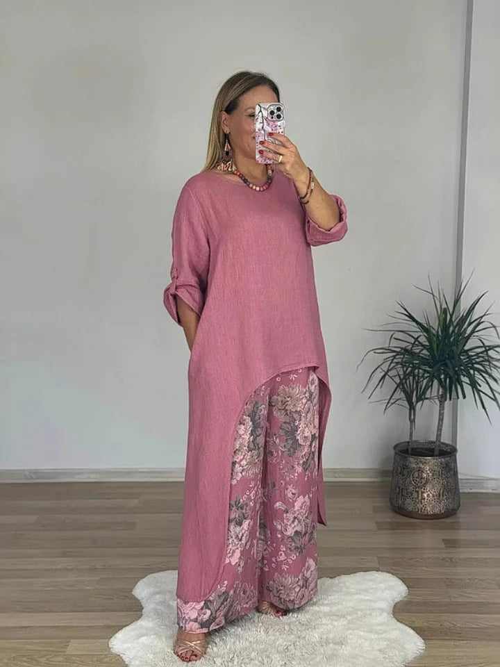 Linen Blend Crew Neck Long Sleeve Irregular Loose Top and Elastic Waist Floral Print Casual Pocket Set