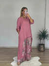 Linen Blend Crew Neck Long Sleeve Irregular Loose Top and Elastic Waist Floral Print Casual Pocket Set