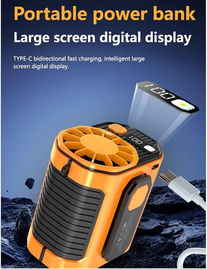 Portable Waist & Neck Fan with Power Bank and LED Light for Outdoor Use