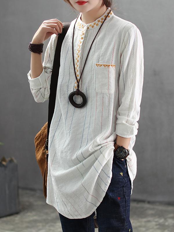 Brigitte Stand Neck Linen Cotton Shirt with Front Pocket