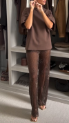 Women's Round Neck T-shirt + Hollow Beaded Trousers Casual Suit