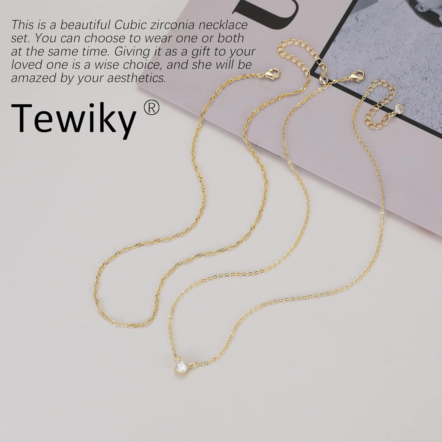 Tewiky Diamond Necklaces for Women, Dainty Gold Necklace 14k Gold Plated Long Lariat Necklace Simple Gold CZ Diamond Choker Necklaces for Women Trendy Gold Necklace Jewelry Gifts for Girls