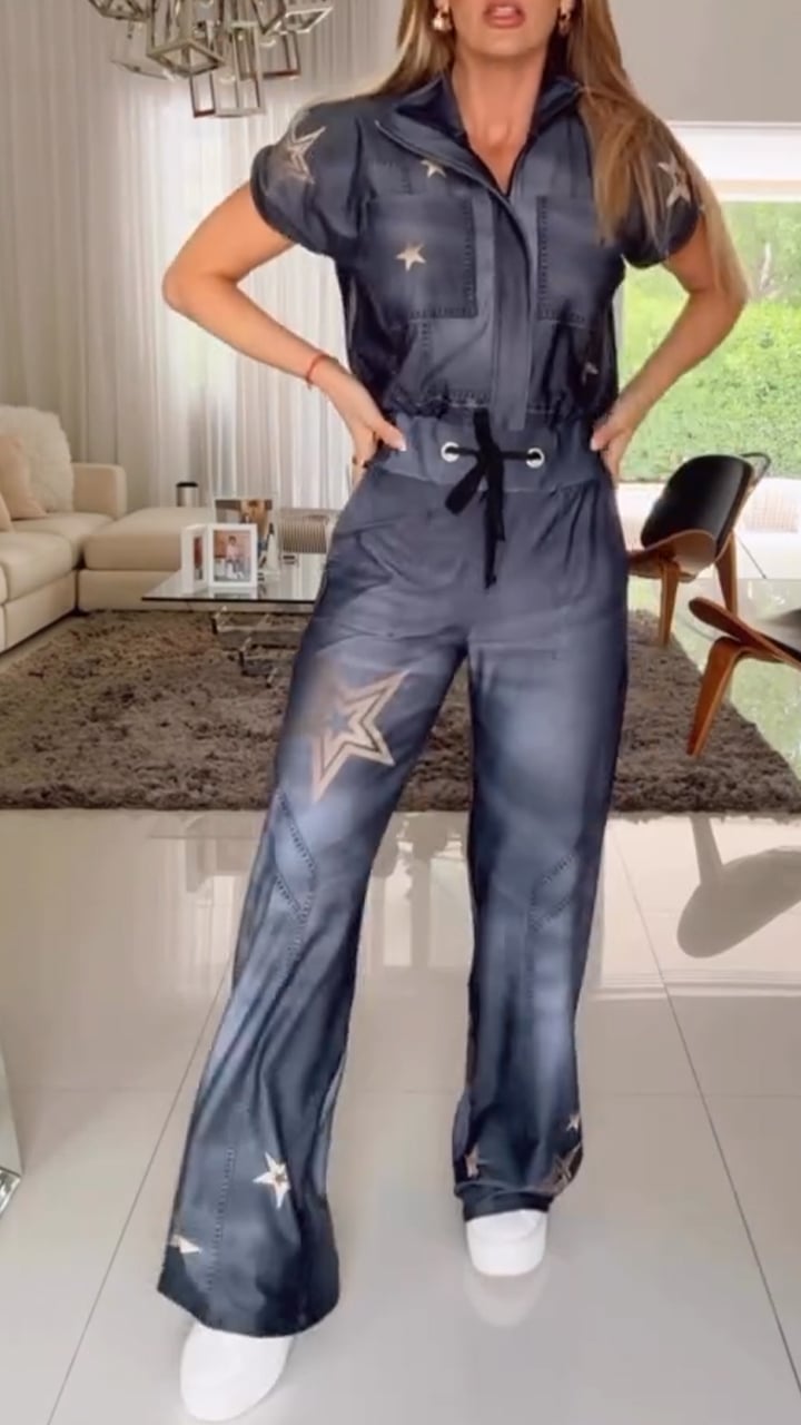 Women's Zipper Printed Lace-up Casual Jumpsuit
