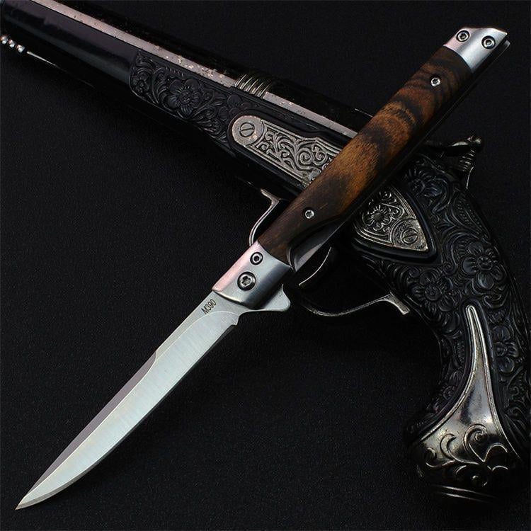 🌲 Outdoor Folding Knife with Wooden Handle & Leather Sheath