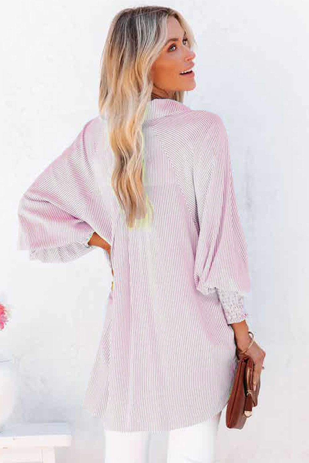 💥LAST DAY SALE 50% OFF💥Mid-Length Smocked Shirt With Striped Lapel And Oversized Drawdown Sleeves
