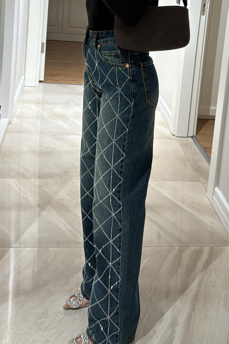 Women's Fashion High Waist Diamond Hot Diamond Straight Jeans