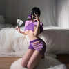 Purple Retro Cheongsam Lingerie Set | Sexy Qipao Corset Top & Sheer Mesh Skirt | Open Cup Bust Chain Detail | Floral Lace Teddy & G-String | Exotic Boudoir Outfit for Women PPF0343