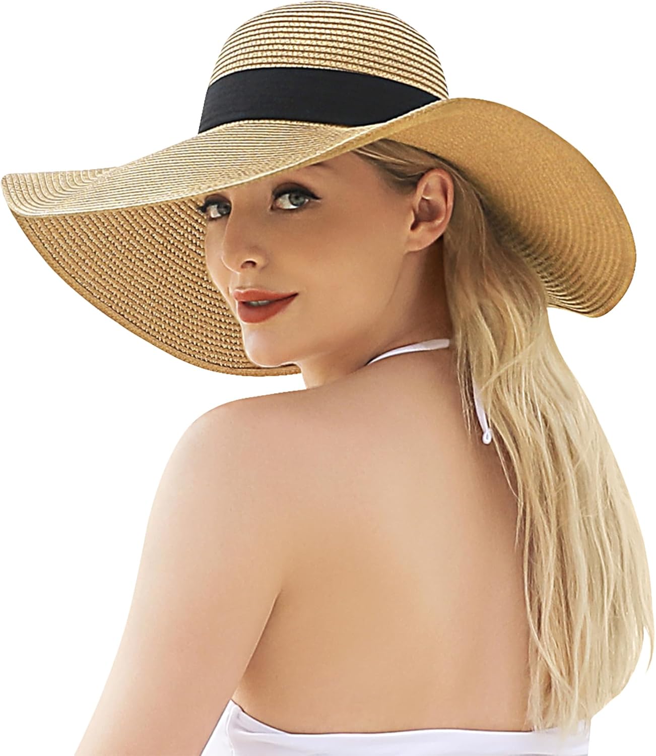 Beach Hat for Women, Wide Brim Sun Straw Hat for Women, Sun Hat Womens UPF 50+ UV Protection, Floppy Foldable Summer Hat