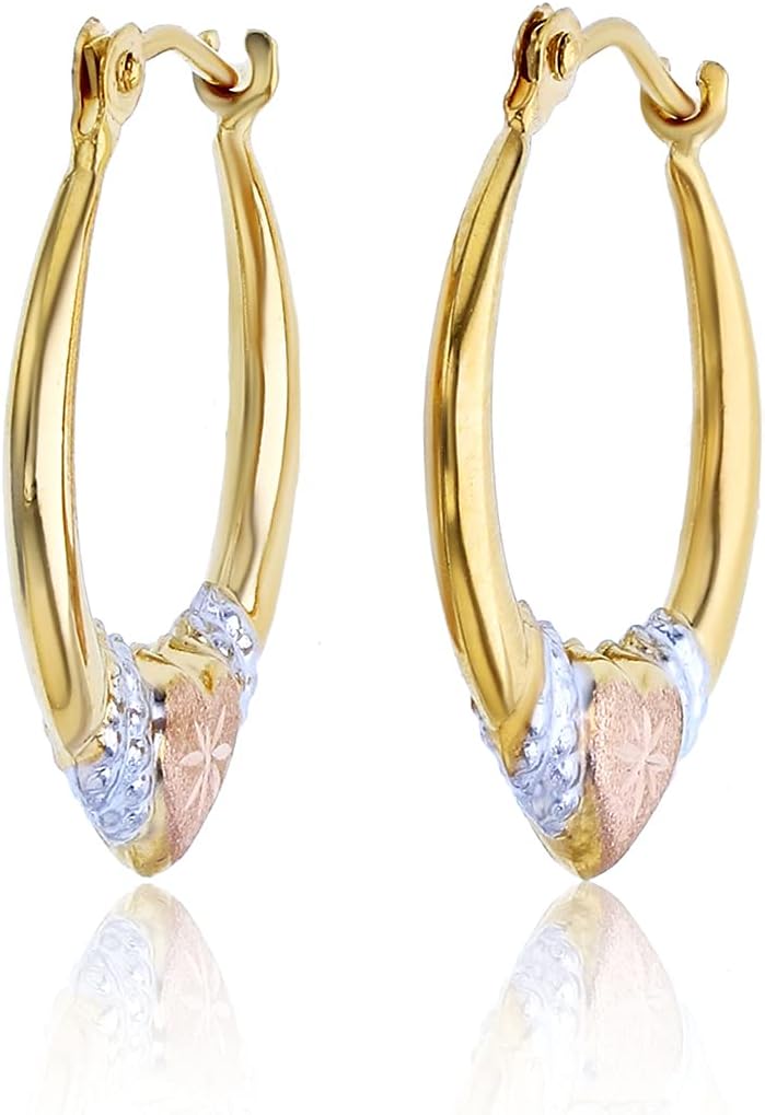 14K Gold Solid Hypoallergenic Heart Hoop Earrings - Tricolor Gold, Two Tone, Heart Shaped, Triple Heart, Shrimp Hoops