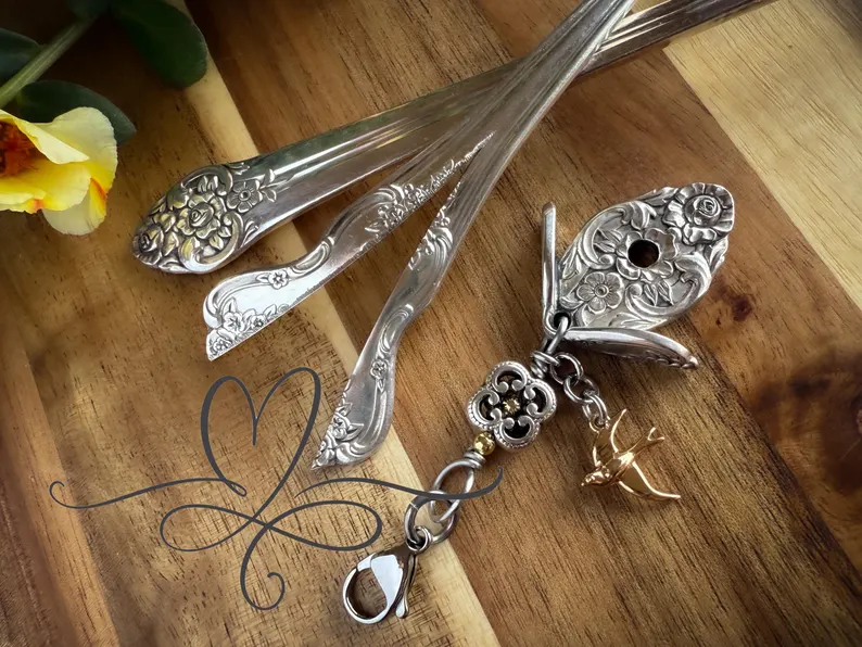 The 1948 “Plantation” Birdhouse Necklace or Purse Charm • Made From Authentic Silver-Plated, Vintage Silverware
