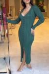 Women's Elegant V-neck Long-sleeved Elastic Knitted Dress