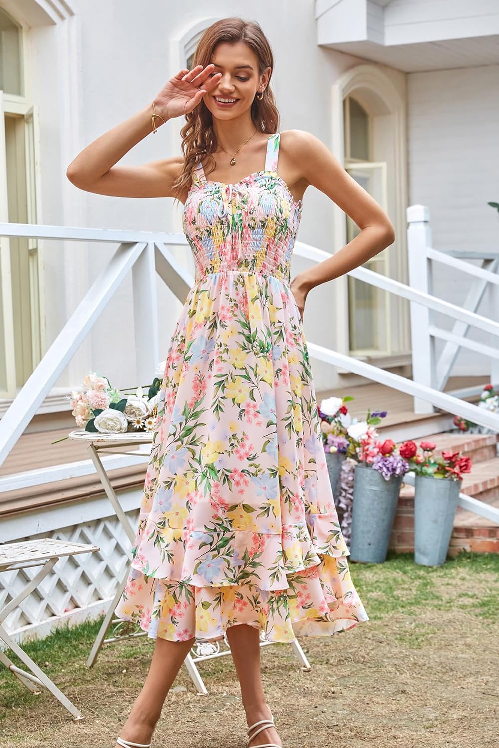 GRACE KARIN Women's 2024 Summer Floral Boho Dress Square Neck Strapped Swing A Line Beach Long Maxi Dress