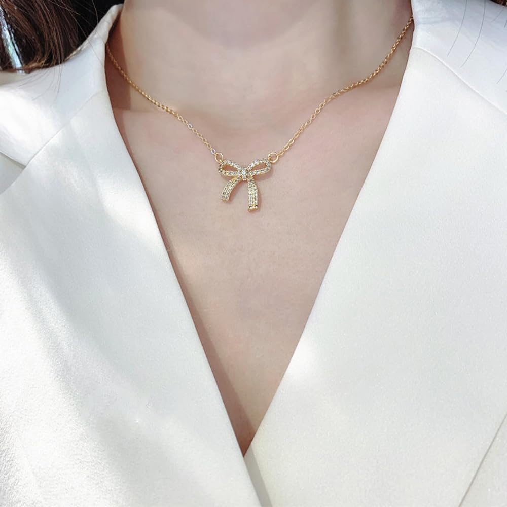 SUNNYOUTH Bow Necklace for Women Girls Bowknot Choker Necklace 14K Gold Plated Ribbon Choker Necklaces Fashion Jewelry Gifts