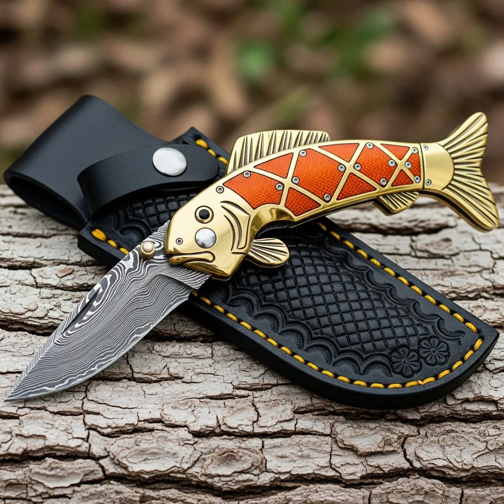 Exquisite Fish-Shaped Damascus Folding Knife