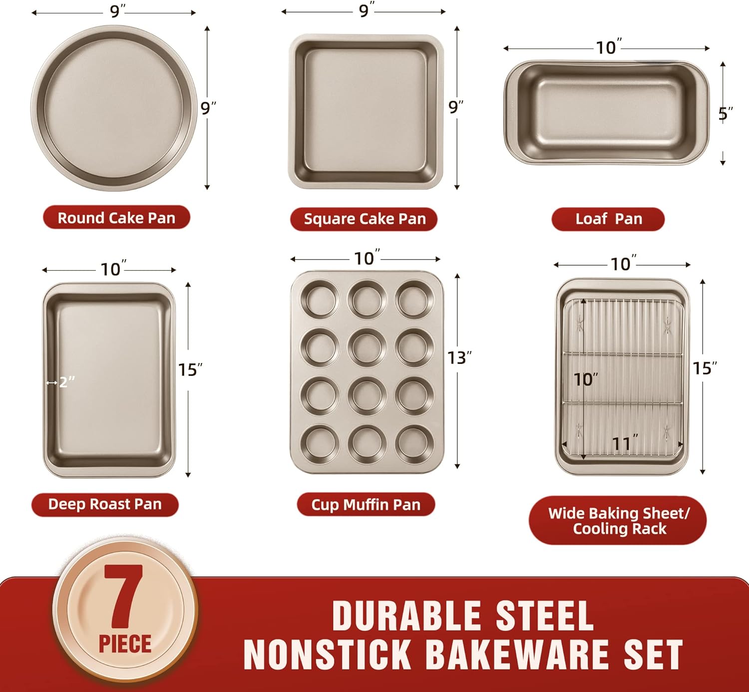 KITESSENSU Baking Pans Sets, Nonstick Bakeware Sets 7-Piece with Round/Square Cake Pan, Loaf Pan, Muffin Pan, Cookie Sheet, Roast Pan, Cooling Rack, Carbon Steel Bake Set