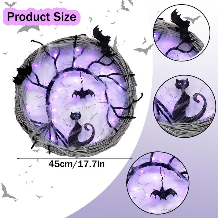 🦇 Black Bat Cat Spooky Party Wreath with Purple Glowing Lights