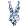 🏆Swimwear Bestsellers🏆 Einteiliger Badeanzug mit V-Ausschnitt und Bindeband-Print und Rock