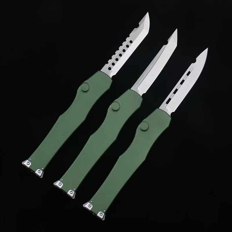 OTF micro-tech green handle Halo 6 lever straight jump knife