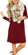 AUSELILY Women's Long Sleeve Pleated Loose Swing Casual Dress with Pockets Knee Length