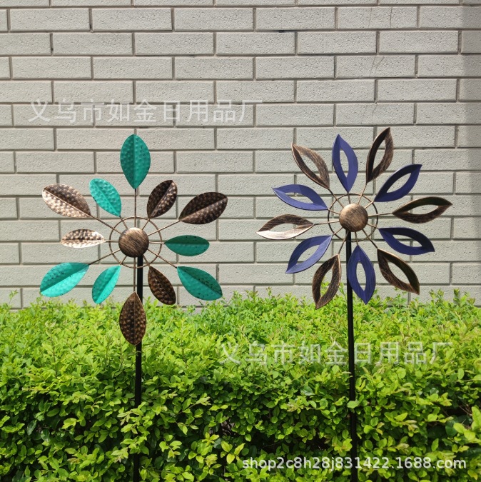 Metal Iron Art Creative Garden Courtyard Landscape Sculpture 360 Degrees Rotating Outdoor Decorative Pattern Leaves Big Windmill