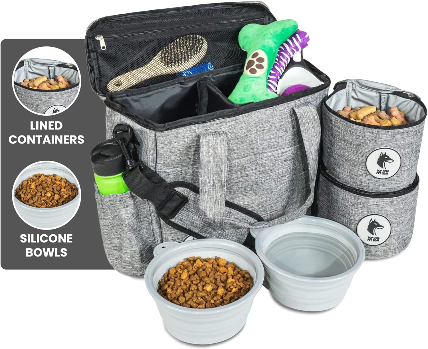 Grey Dog Travel Bag for Supplies - Includes Travel Bag, Travel Dog Bowls, Food Storage - Airline Approved Dog Bags for Traveling - Dog Travel Accessories for Camping, Beach