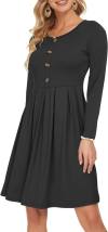 AUSELILY Women's Long Sleeve Pleated Loose Swing Casual Dress with Pockets Knee Length