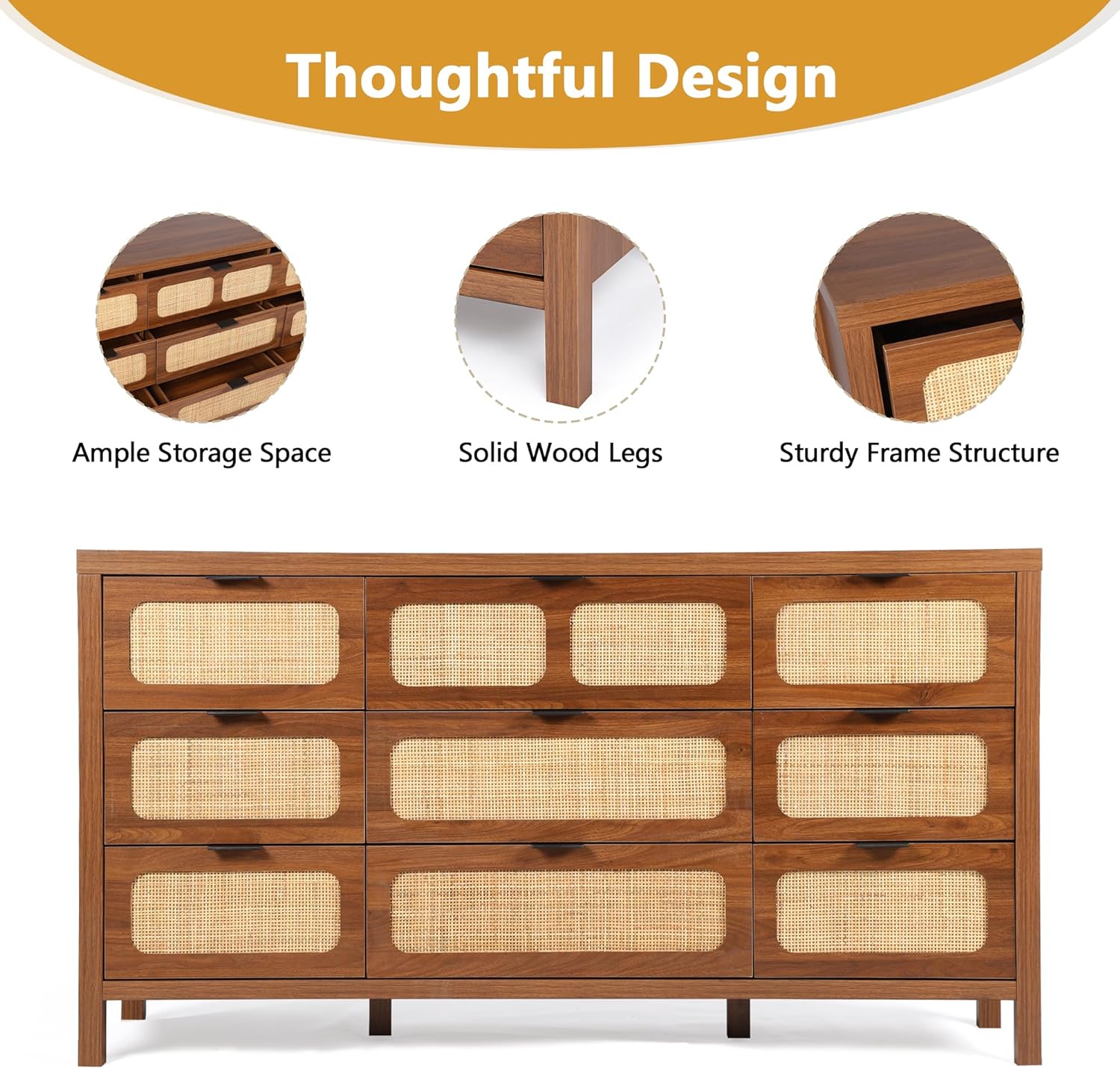 9 Drawer Dresser with Rattan Finish, Modern Farmhouse Chest of Drawers with Metal Handles, Accent Wood Storage Cabinet for Bedroom, Living Room and Kitchen (Natural)