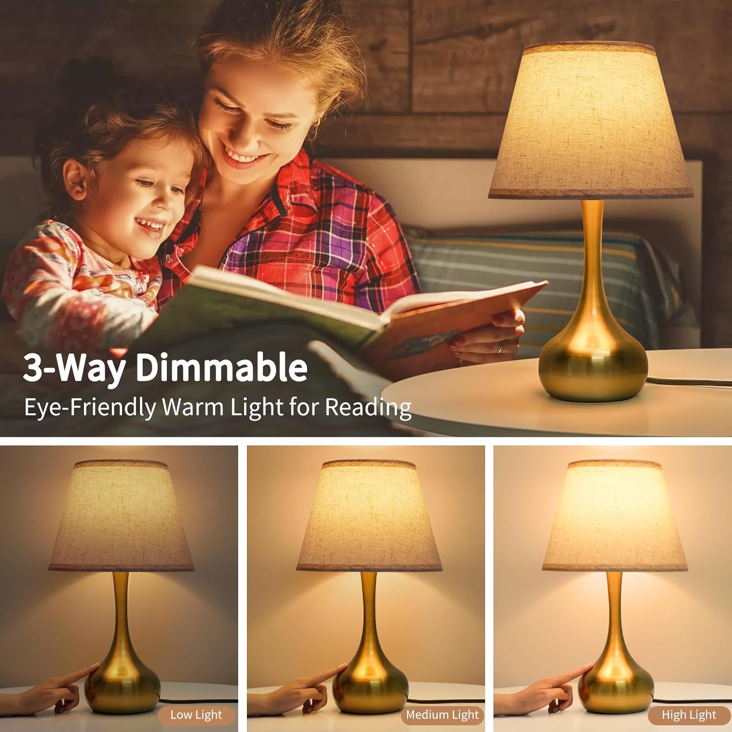 Touch Bedside Lamp for Bedroom, 3-Way Dimmable Farmhouse Table Lamps for Nightstand with Fabric Shade, Desk Lamp for Kids Reading, Home Office