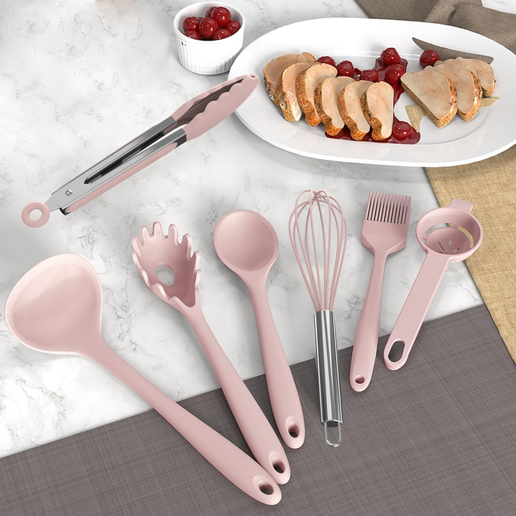 Silicone Cooking Utensils Set - 446°F Heat Resistant Kitchen Utensils,Turner Tongs,Spatula,Spoon,Brush,Whisk,Kitchen Utensil Gadgets Tools Set for Nonstick Cookware,Dishwasher Safe (BPA Free)